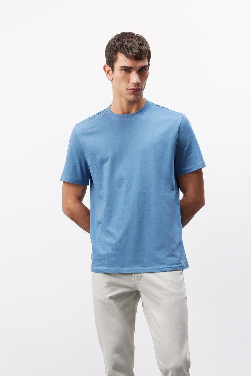 DeFacto Blue Man New Regular Fit Crew Neck Basic T-Shirt Casual - Image 3